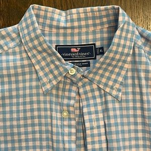 Vineyard Vines Slim Fit Whale Shirt Men's XL Blue Light Pink Gingham Long Sleeve